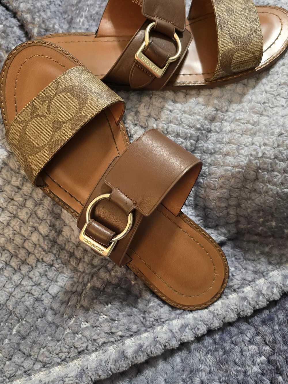 Coach Brown Canvas & Leather Slide Sandals with Gold Ring Accent - Picture 2 of 6
